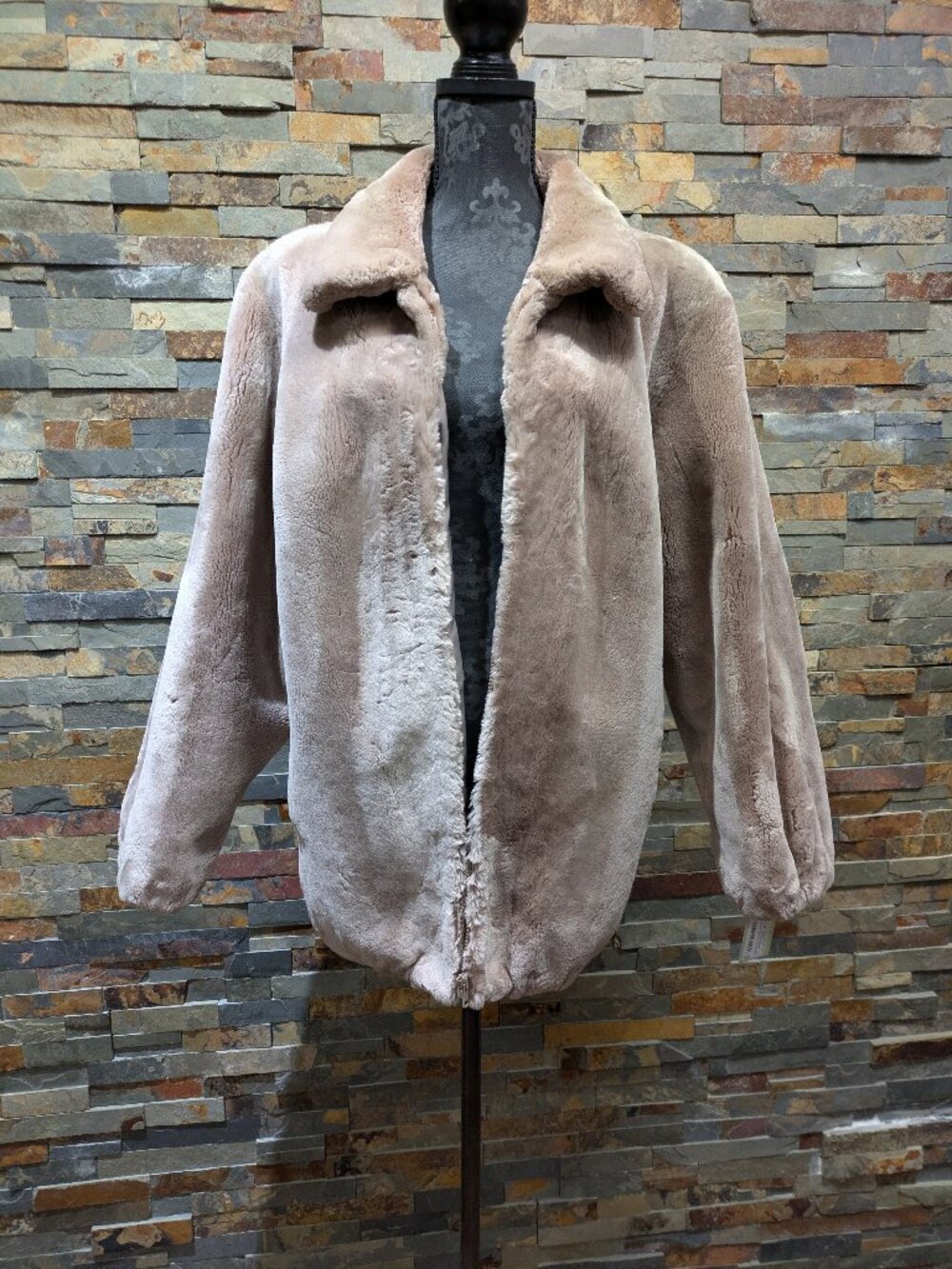 Real Pink Dusty Mauve Sheared Genuine Beaver Fur Bomber Jacket, Size L
